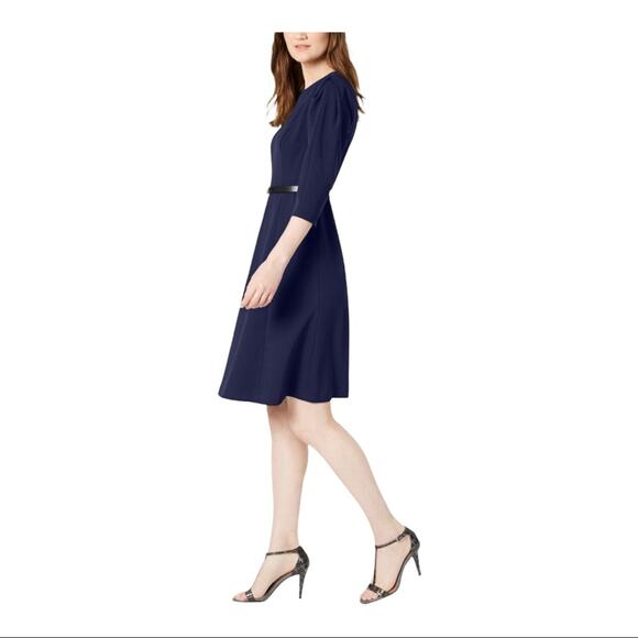 CALVIN KLEIN Navy 3/4 Sleeve Crew Neck Above The Knee Dress - Picture 3 of 9
